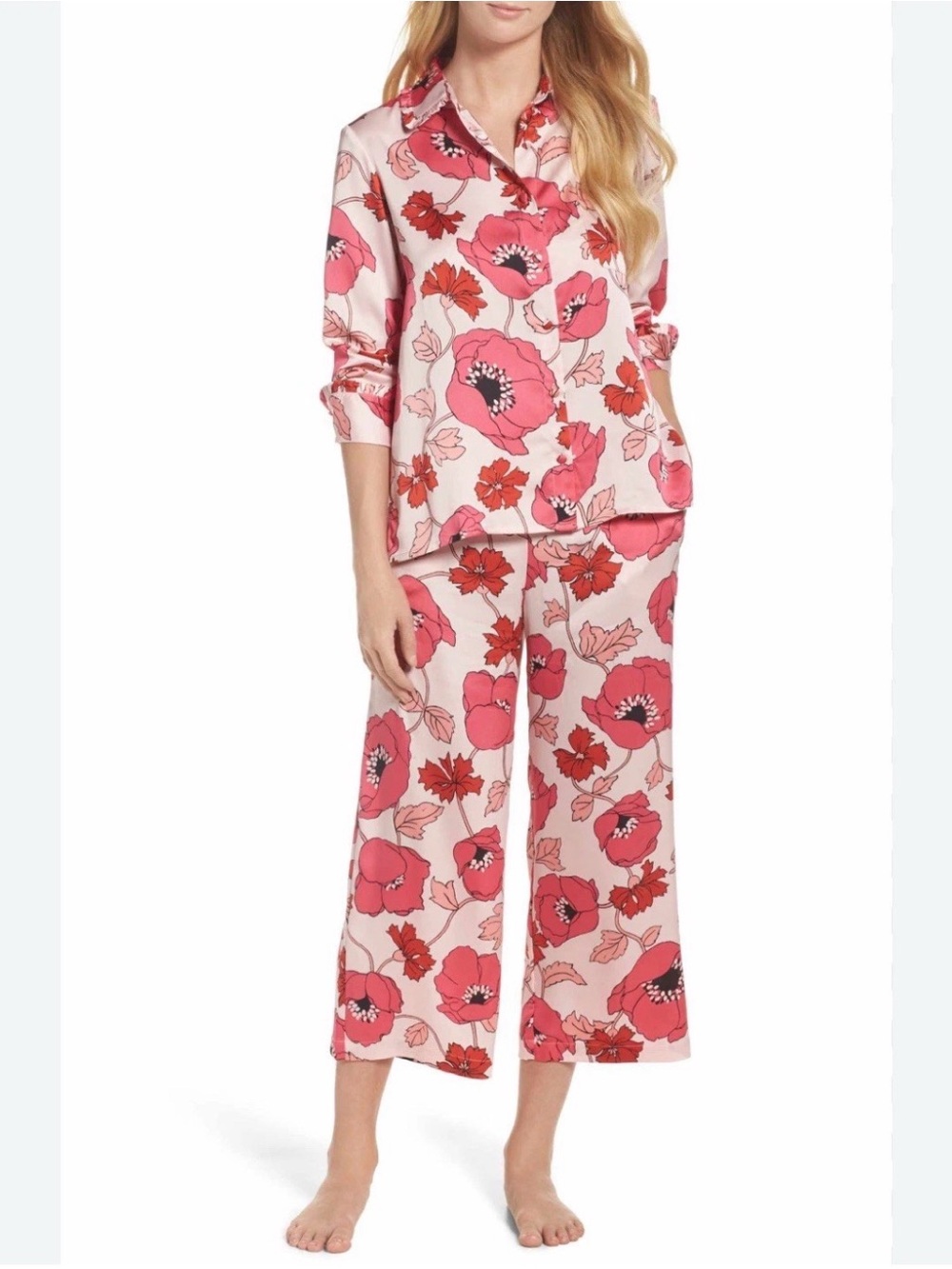 NWT Kate Spade Floral Silky Pajama Set Pink Cropped Bottoms Long Sleeve XL